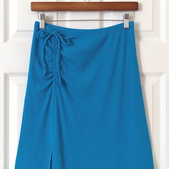 Aerie Beachwalk Ribbed Knit High Waisted Ruched Side Slit Midi Skirt Blue Small - Picture 2 of 11